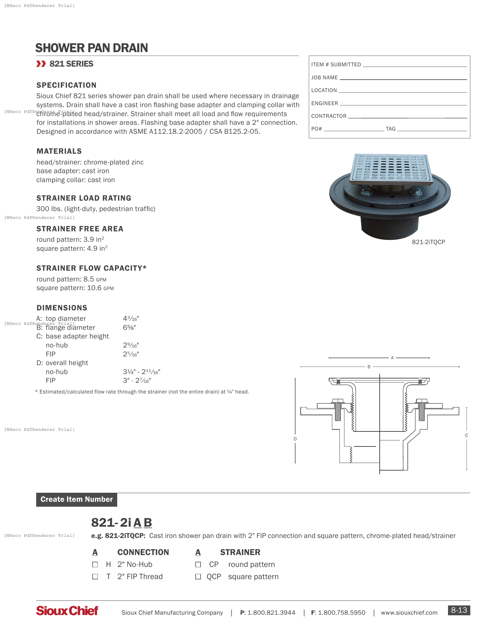 821-2I SERIES - 3-PIECE CAST IRON SHOWER PAN DRAIN - SPEC SHEET.PDF Specification Document